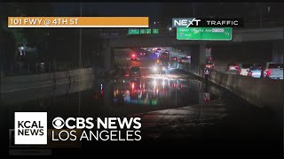 Flooded water closes a portion of the southbound 101 Freeway in Boyle Heights [upl. by Asek]