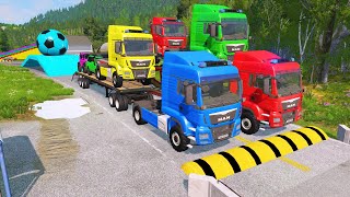 Double Flatbed Trailer Truck vs Speedbumps Train vs Cars  Tractor vs Train BeamngDrive 09 [upl. by Tema75]