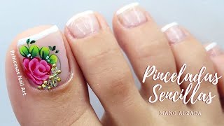 🌹😍 ¿CÓMO HACER ROSAS en las UÑAS de los PIES con PINCELADAS  FRENCH 👣 [upl. by Aniara313]