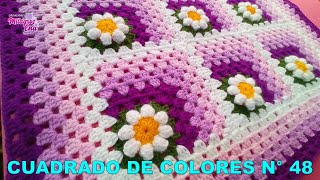 Como tejer el Cuadrado de colores N° 48 o muestra con flor en 3D a crochet para colchas y cojines [upl. by Bergquist]