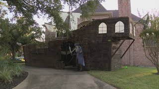 Houston couple builds 40foot pirate ship to put in front yard for Halloween [upl. by Eiznikcm521]