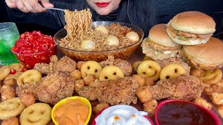 ASMR EATING SPICY NOODLESFRIED CHICKENPOTATO SMILEYSCHICKEN BURGERRED CHILLI ASMR EATING [upl. by Abelard142]