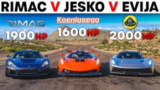 Forza Horizon 5  Rimac Nevera VS Koenigsegg Jesko VS Lotus Evija  Petrol VS Electric Battle [upl. by Lesslie918]