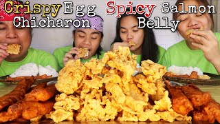 Crispy Egg Chicharon  Spicy Salmon Belly  Indoor Cooking and Mukbang Filipino Foods Philippines [upl. by Drofiar611]