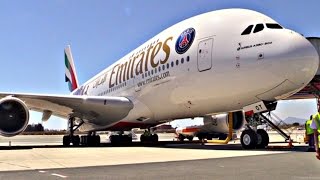 Emirates A380 at LCA  Close views from below  Diverted flight  PSG FC Special Livery [upl. by Sebastian]