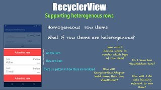 RecyclerView  Part 9 Supporting heterogeneous rows [upl. by Elisee]