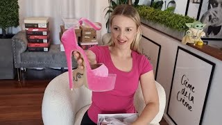 Catie Unboxes Pink Velvet 7 Inch High Heel Platform Shoes With White Pearl Ankle Bracelet [upl. by Netsoj]