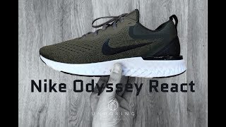 Nike Odyssey React ‚Medium olive blacksequoia’  UNBOXING amp ON FEET  running shoes  2018  4K [upl. by Harle]