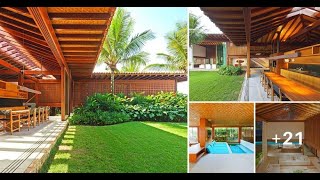 Tropical U shaped house with high hall and wooden walls vacation home design with blueprints [upl. by Alysa]