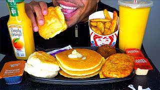 ASMR MCDONALDS VS WENDYS BIG BREAKFAST WITH HOTCAKES HASH BROWNS SAUSAGE MUKBANG BIG BITES [upl. by Nebra546]