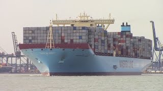 Triple E Container Ship MARGRETHE MAERSK departing Felixstowe UK  Maiden Call June 24 2015 [upl. by Nomed]