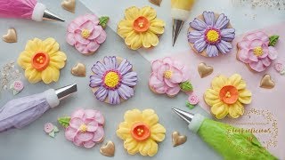 HOW TO PIPE ROYAL ICING TO MAKE 3 BEAUTIFUL FLOWER COOKIES  Camellia Daffodil amp Cosmos Flowers [upl. by Kcirnek]