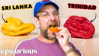 Pepper X Creator Ed Currie Tastes The Hottest Peppers From 11 Countries  Epicurious [upl. by Naz]