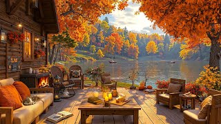 Cozy Fall Porch Ambience Lakeside with🍂 Smooth Jazz Music For Study Relaxing  Crackling Fireplace [upl. by Noreh378]