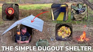 Solo Overnight Building a Simple Dugout Shelter in The Woods and Beefy Chili Mac [upl. by Sinnal]