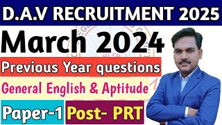 🎯DAV CBT EXAM Previous Year Questions 🔥 Paper1  General English amp Aptitude  Questions with Answer [upl. by Crosse]