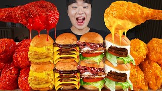 ASMR MUKBANG 직접 만든 치즈 햄버거 치즈스틱 불닭볶음면 치킨먹방 amp 레시피 FIRE NOODLES AND CHEESE BURGER EATING SOUND [upl. by Daffie]