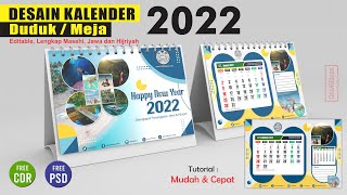 Free Desain Kalender Duduk 2022 LENGKAP Masehi Jawa Hijriyah CDR PSD  Coreldraw Photoshop Tutorial [upl. by Frendel]