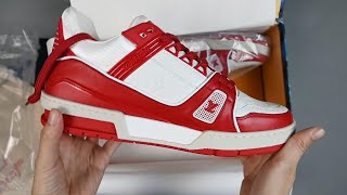 LOUIS VUITTON x RED LV TRAINER SNEAKER real vs fake [upl. by Anileh]