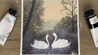 Black amp White Painting  A Loving Couple of White Swan  Acrylic Painting for Beginners [upl. by Novelia]