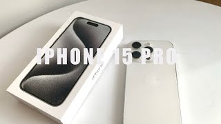 IPHONE 15 PRO UNBOXING 📱 white titanium 💕quick customization [upl. by Ecitnirp]