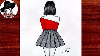 Very Easy Girl Drawing  Girl Drawing Step By Step  Easy Girl Backside Drawing [upl. by Vasiliu]