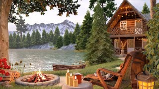 Cozy Mountain Cabin by the Lake Ambience with Campfire Lake Waves and Relaxing Summer Forest Sounds [upl. by Kahaleel]