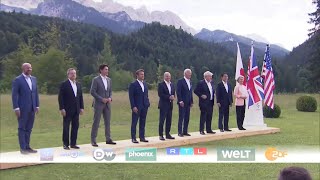 G7 summit leaders gather for official family picture  AFP [upl. by Emilie]