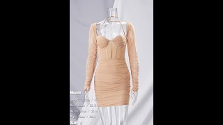 Spring new stylish solid color stretch mesh spliced long sleeve shirred halterneck AA006379 [upl. by Gent]