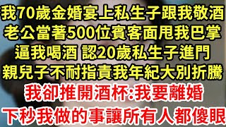 我70歲金婚宴上私生子跟我敬酒老公當著500位賓客面甩我巴掌逼我喝酒 認20歲私生子進門親兒子不耐指責我年紀大別折騰我卻推開酒杯我要離婚後來我做的事讓所有人都傻眼為人處世養老情感故事 [upl. by Nosac705]