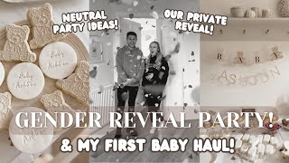 GENDER REVEAL amp PARTY Neutral theme baby gender reveal party ideas  Cute baby clothes haul [upl. by Lavella]