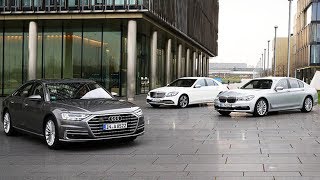 2018 Audi A8 50 TDI vs 2018 BMW 730d xDrive vs 2018 Mercedes 350d 4MATIC [upl. by Braynard]