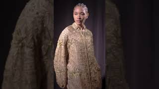 LOOK 19  STELLATA GOLD BOMBER JACKET AND CAPED DRESS shorts cucculellishaheen nyfw fashion [upl. by Nihi]