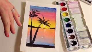 How to paint a sunset with palm trees in watercolor [upl. by Htebezile]