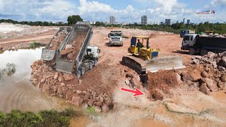 Amazing Filling Stone Project Skill KOMATSU Bulldozers Show Technique Push To Clear Flooded Area [upl. by Alimak636]