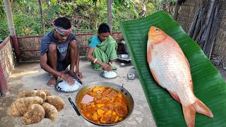 1kg GOLDFISH Curry With Kochu Cutting And Cooking By Rural Mother amp Son For Lunch । village cooking [upl. by Hnah]