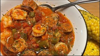 TOMATOES OKRA SHRIMP amp SAUSAGE  QUICK AND EASY DELICIOUSNESS [upl. by Clarkin]