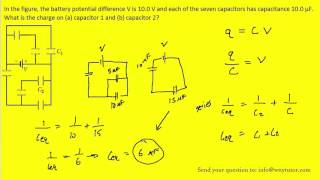 In the figure the battery potential difference V is 100 V and each of the seven capacitors [upl. by Sirrad]