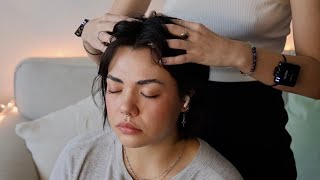 ASMR  Head Massage Scratches Hair Parting Brushing Adding Clips Whisper Real Person ASMR [upl. by Blake]