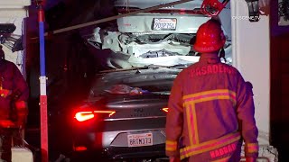 Dramatic Garage Crash in South Pasadena Infiniti Sedan Wedged Under Audi  Technical Rescue [upl. by Ydnik]