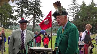 Clan Farquharson presentation of Pipe Banners with Chieftain during Gathering at Braemar Castle [upl. by Eimmac]