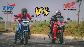 TVS Apache RTR160 4V FI vs Honda CBR 150R Drag race and exhaust note comparison [upl. by Yllod879]