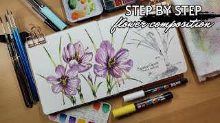 How to Sketch A Beautiful Flower Composition  Freehand Ink amp Watercolor Wash Tutorial [upl. by Adnirolc945]