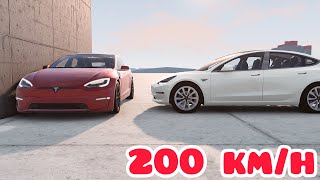 Tesla Model S Plaid vs Tesla Model 3 Performance 💥 200 kmh 💥 BeamNGdrive CRASH test [upl. by Anehc]