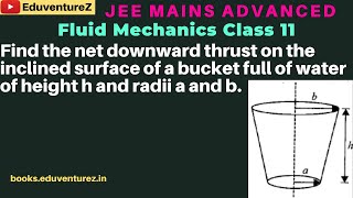 Find the net downward thrust on the inclined surface of a bucket full of water of height h and radii [upl. by Eniamahs]