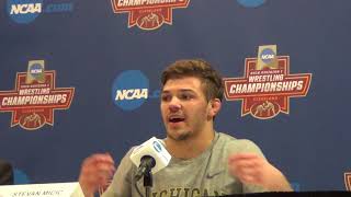 Stevan Micic Michigan after 133 lbs Semifinal win at 2018 NCAAs [upl. by Vanderhoek]