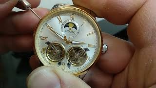 BINGER B8606 DOUBLE BALANCE WHEEL MOON PHASE AUTOMATIC WATCH UNBOXING [upl. by Annohs]