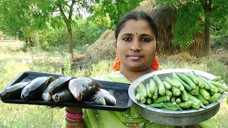 FISH FRY RECIPE  VILLAGE STYLE CHAPALA FRY WITH LADY FINGER  RARE COOKING FISH FRY  SEA FOODS [upl. by Alis985]