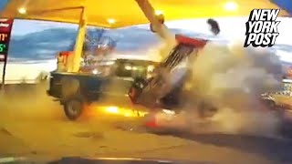 Truck crashes through gas station pump like a speeding bullet [upl. by Aerol]