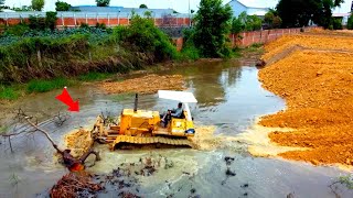 A well organised job dump truck 5ton fill land skill push soil Bulldozer Komatsu D41 push in water [upl. by Vezza804]